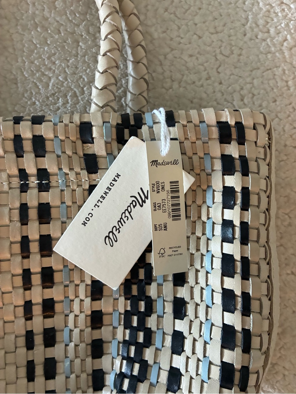 Madewell Mini Woven Tote NWT - Cream, black and light blue - Picture 4 of 5